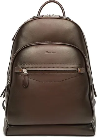 Santoni Artisanal Brown Leather Backpack with Dual Compartments
