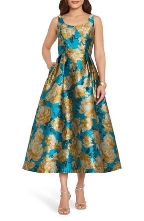 Tahari by ASL Brocade Sleeveless Cocktail Dress in Blue Sunflower at Nordstrom, Size 12