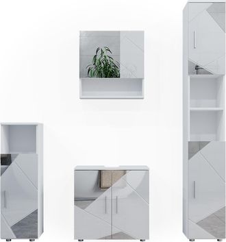 Vicco Conjunto De Muebles De Ba&ntilde;o Irma, Blanco Alto Brillo Con Inserciones, 4 Partes, Con Armario Alto