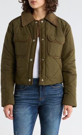 Elodie Corduroy Trim Diamond Quilted Jacket in Olive at Nordstrom Rack, Size X-Large