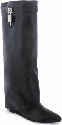 Liliana Womens Mutto Padlock Detail Wedge Knee High Boots In Black Pu