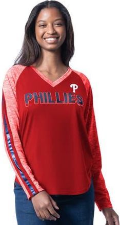 G-III 4Her by Carl Banks Womens G-III 4Her by Carl Banks Red Philadelphia Phillies Top Dog Raglan Long Sleeve V-Neck T-Shirt at Nordstrom, Size X-Large
