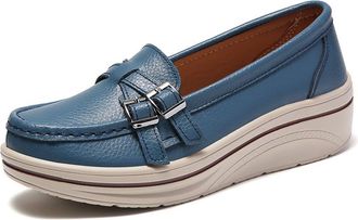 Generic Womens Comfort Round Toe Platform Wedge Loafers Slip On Casual Lightweight Walking Business Work Dress Shoes (Blue,5.5)