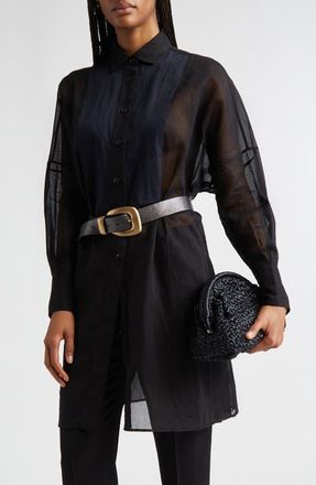 Eleventy Tunic Cotton Gauze Button-Up Tuxedo Shirt in 22 Black at Nordstrom, Size 10 Us