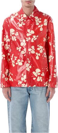 Dries Van Noten Printed Coating Cotton Shirt Jacket - Heren - Zomerjassen - Rood - M - Katoen - Jassen
