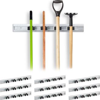 Relaxdays Pack 10 Colgadores Escobas Pared, Aluminio-pl&aacute;stico, Plateado, 5,5 X 48,5 X 4,5 Cm