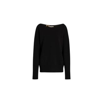 Alberta Ferretti Wool- silk- and cashmere Jumper with floral brooch - female - Alberta Ferretti - Round-neck Knitwear - Black - 2XL - Knitwear