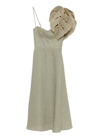 Farm Rio striped leaf-detail midi dress - Neutrals