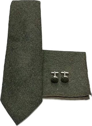 Generic L&L 100% Wool Tweed 3 Pcs Set Tie + Pocket Square + Cufflinks (dark green)