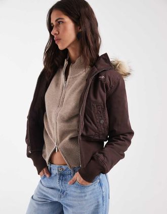 Hollister giacca imbottita corta in twill con cappuccio in pelliccia sintetica marrone