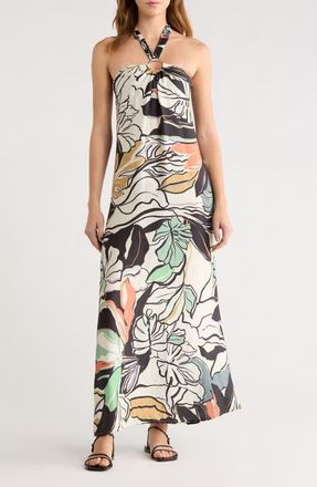 Elan O-Ring Halter Maxi Cover-Up Dress in Blue Botanical at Nordstrom, Size X-Small