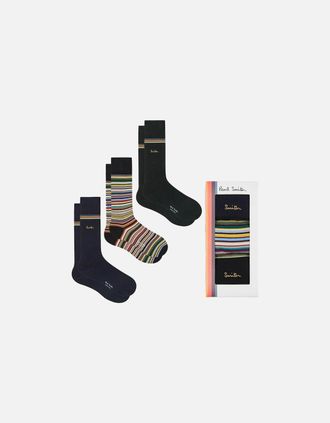 Paul Smith Mens Paul Smith 3-Pack Gold Signature Socks, Gift Pack - Black/Black