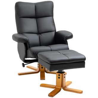 HOMCOM Recliner Chair and Footstool PU Leather Wooden Base Black | TJ Hughes