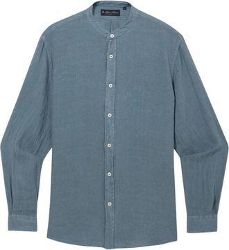 Brooks Brothers Linnen overhemd met opstaande kraag - Heren - Casual Overhemden - Blauw - 2XL - Linnen - Overhemden