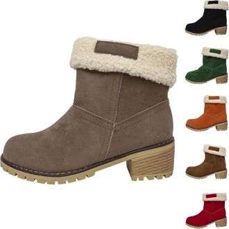 Generic Womens Suede Snow Boots Winter Thick Warm Faux Fur Lined Ankle Boots Ladies Insulated Chunky Square Heel Mid-Calf Booties Waterproof Anti-Slip Rubber 
