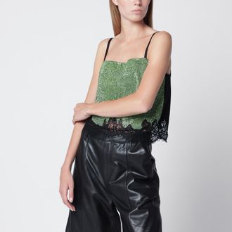 Self Portrait Top in maglia metallica con cristalli verde