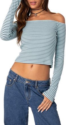 Edikted Stripe Off the Shoulder Cotton Crop Rib Top in Mix at Nordstrom, Size X-Small