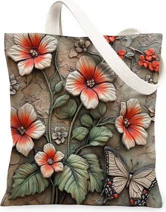 Generic Spring Relief Geranium Flower Canvas Tote Bag for Shopping 13x15, Luxury Floral Wildflower Reusable Grocery Print Bag for Women Men, Garden Aesthetic 