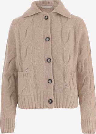 Allude Beige Classic Collar Cable Knit Cashmere Silk Cardigan