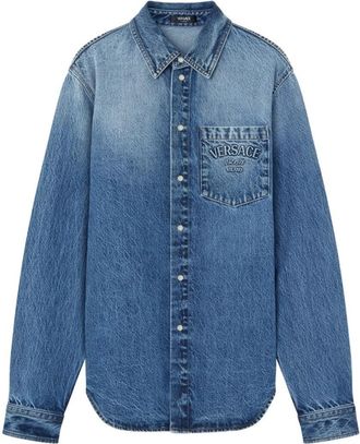 Versace Indigo Blue Washed Denim Shirt With Embossed Logo