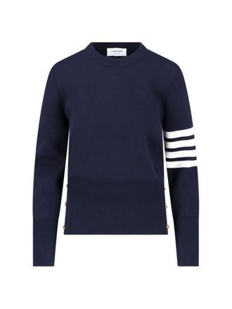 Thom Browne Navy Blue Cotton Sweater with Distinctive Four-Bar Stripes