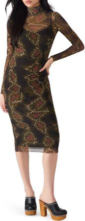 Steve Madden Vivienne Snake Print Long Sleeve Turtleneck Mesh Midi Dress in Fossil Brown at Nordstrom, Size X-Large