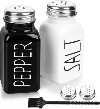 OEM Juego De Salero Y Pimentero De Vidrio De 2 Piezas - Tapa De Acero Inoxidable, Estilo R&uacute;stico En Blanco Y Negro