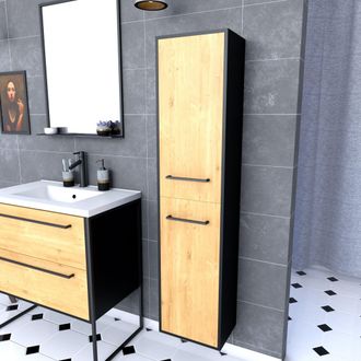 Aurlane Aurlane - Columna De Ba&ntilde;o Negra -2 Puertas Roble Natural Y Tiradores Negro Mate - Structura