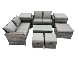 Fimous Lounge Double Seat Sofa Coffee Table Set with 2 Side Table 3 Stools in Dark Grey
