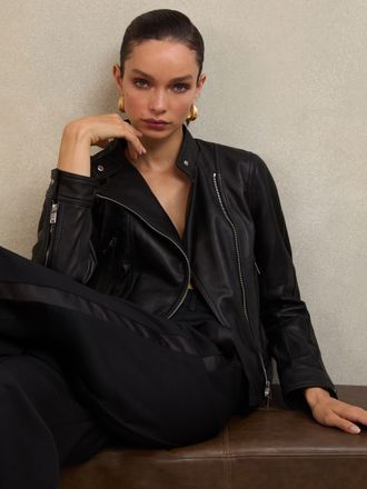 Reiss Atelier Black Leather Biker Jacket, 10