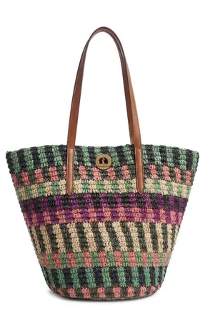 Veronica Beard Stripe Raffia Tote in Berry Multi at Nordstrom