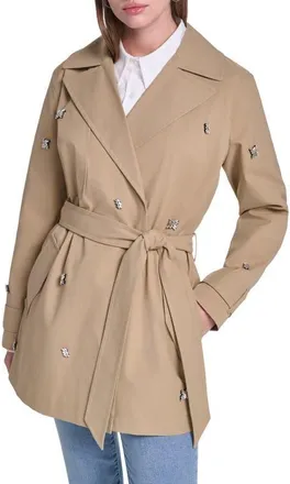 Karl Lagerfeld Rhinestone Embellished Short Trench Coat in Khaki at Nordstrom, Size X-Large