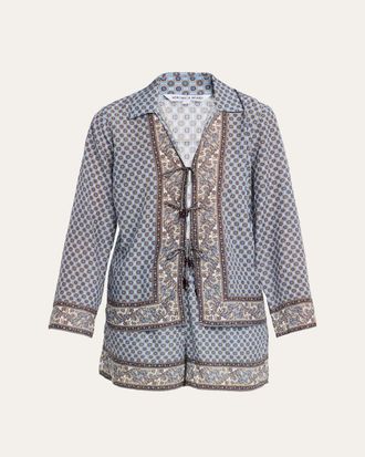 Veronica Beard Eva Scarf-Print Tie Blouse