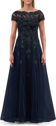 La Femme Gorgeous Gown with Beaded Lace Applique in Navy at Nordstrom, Size 10