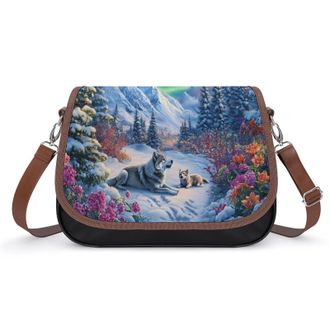 Generic Snowy Landscape Wolf Crossbody Bags for Women Fashion Leather Shoulder Handbags With Adjustable Strap