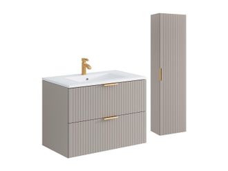 Vente-Unique Mueble de ba&ntilde;o suspendido estriado con lavabo encastrado y columna - Color beige - 80 cm - ZEVARA