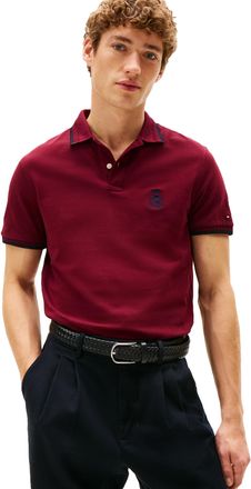Tommy Hilfiger Mens Short Sleeve Casual Polo Shirts in Regular Fit with Embroidered Crest Design, Deep Rouge, Large