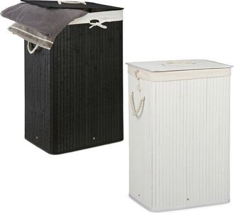 Relaxdays Relaxdays 2x Laundry Basket Set, Bamboo Clothes Separator System, Hamper and Removable Linen Bag, 83 L each, Black/White