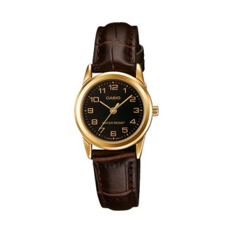 Casio Womens Black Dial Gold-Tone Case Brown Leather Strap Watch - LTP-V001GL-1B