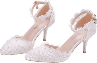 PartyKindom White Lace Pointed Toe Bridal Shoes 7.5Cm Thin High Heels, Wedding Dress Footwear for Bride, Elegant Lace High Heel Sandals Suitable for Weddings and 