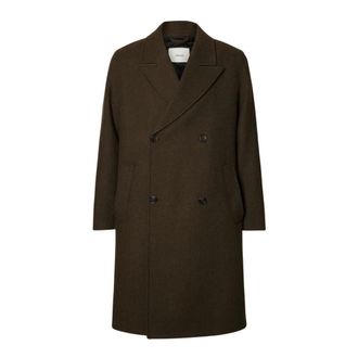 Selected Lange double-breasted jas van wolmix - Heren - Mantels - Bruin - Maat: M Wol