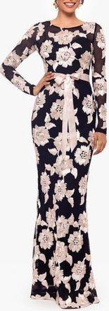 Betsy & Adam Floral Appliqu&eacute; Long Sleeve Dress in Black/Champagne at Nordstrom Rack, Size 6