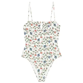 Farm Rio Farm Rio Womens Bandeau One-Piece Swimsuit, Stitched Garden Off-White