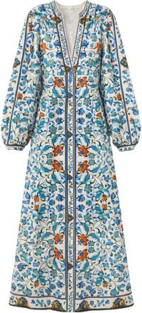 Farm Rio Flora Tile Scallop Euroflax Premium Linnen Maxi Jurk - Dames - Maxi kleedjes - Veelkleurig - S - Linnen - Kleedjes
