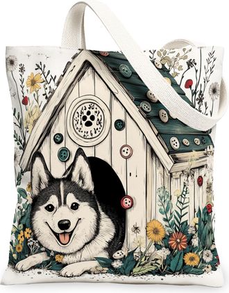 Generic Spring Husky Dog Canvas Tote Bag for Shopping 13x15, Fun Flower Puppy Kennel Reusable Grocery Print Pattern Bag for Women, Cute Pet Beach Aesthetic Pa