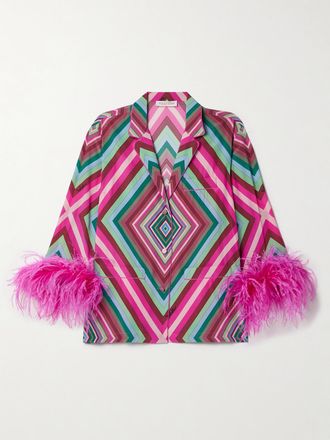 Valentino Garavani Camicia In Cr&ecirc;pe De Chine Di Seta Stampata Con Piume - Rosa