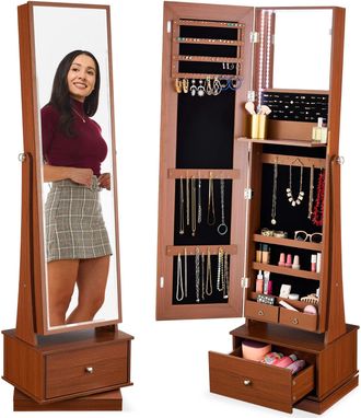Best Choice Products 360 Swivel Standing Mirrored Jewelry Cabinet, LED-Lit Makeup Organizer w/ Mirror
