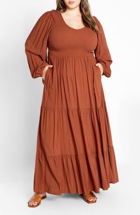 City Chic Leona Tiered Long Sleeve Maxi Dress in Toffee at Nordstrom, Size Xxs