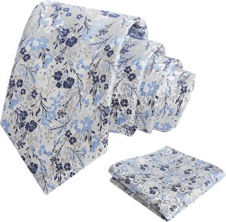 Alizeal Mens 8cm Colorful Floral Necktie and Pocket Square Classic Wedding Tie and Hanky Set, Silver+Navy Blue