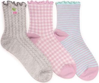 Muk Luks Womens Embroidered Quarter Crew Socks, 3 Pair Pack in Grey/pink at Nordstrom